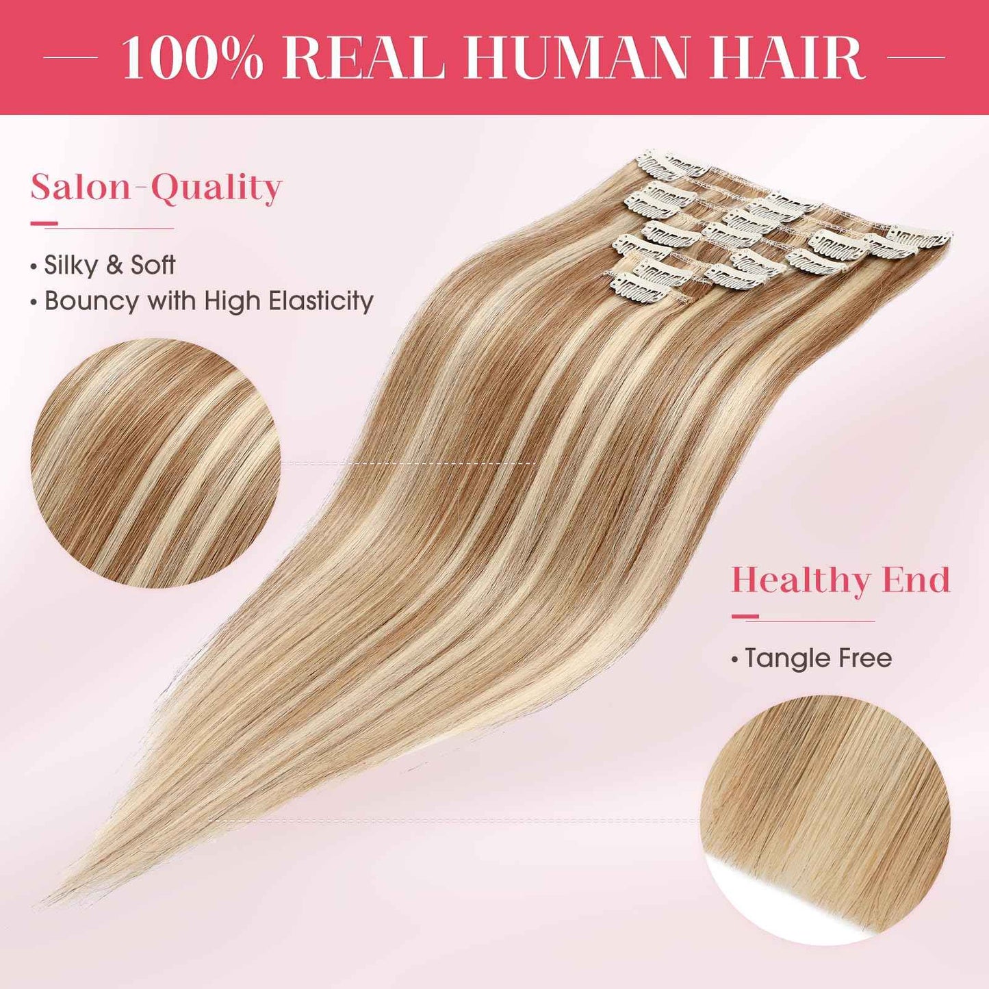 MY-LADY Clip In Hair Extensions Real Human Hair 16 Inch 8pcs Remy Real Hair Extension Clip ins #12/613 Light Brown with Bleach Blonde 90g Silky Straight