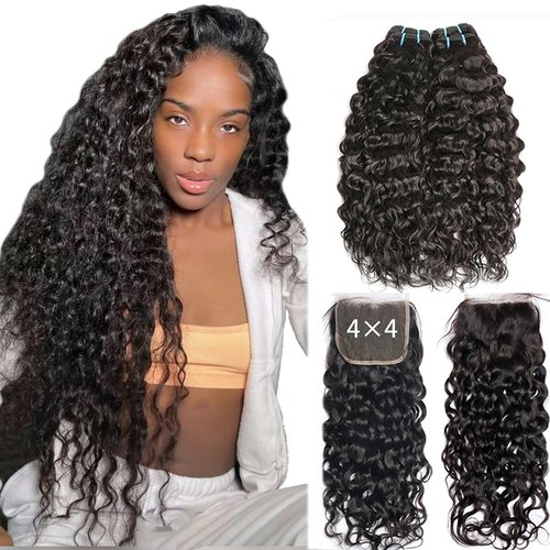 Beaushine Human Hair with Closure Water Wave Remy Virgin Hair 18 20 22+18inch, Wet and Wavy Curly Human Weave Bundles with Lace Closure 10A Brazilian Raw Quick Weave Bundles Natural Black Color