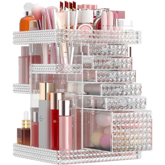 HEMTROY Rotating Makeup Organizer with 6 Drawers[New Updated], DIY Adjustable Make up Organizers and Storage Different Types of Cosmetics and Jewelry, Spinning Perfume Organizer (Plus Size-Clear)