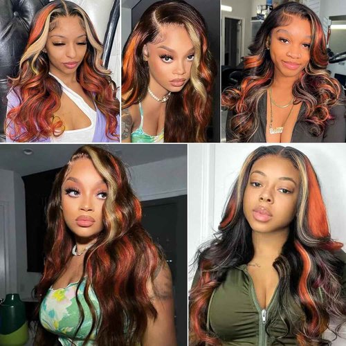 Black Ginger Blonde Highlight Wig Human Hair 13x4 Transparent Lace Front Skunk Stripe Wig Body Wave Glueless Pre Plucked Bleached Knots Lace Frontal Wig Black Honey Blonde Ginger Highlight Wig 20 Inch