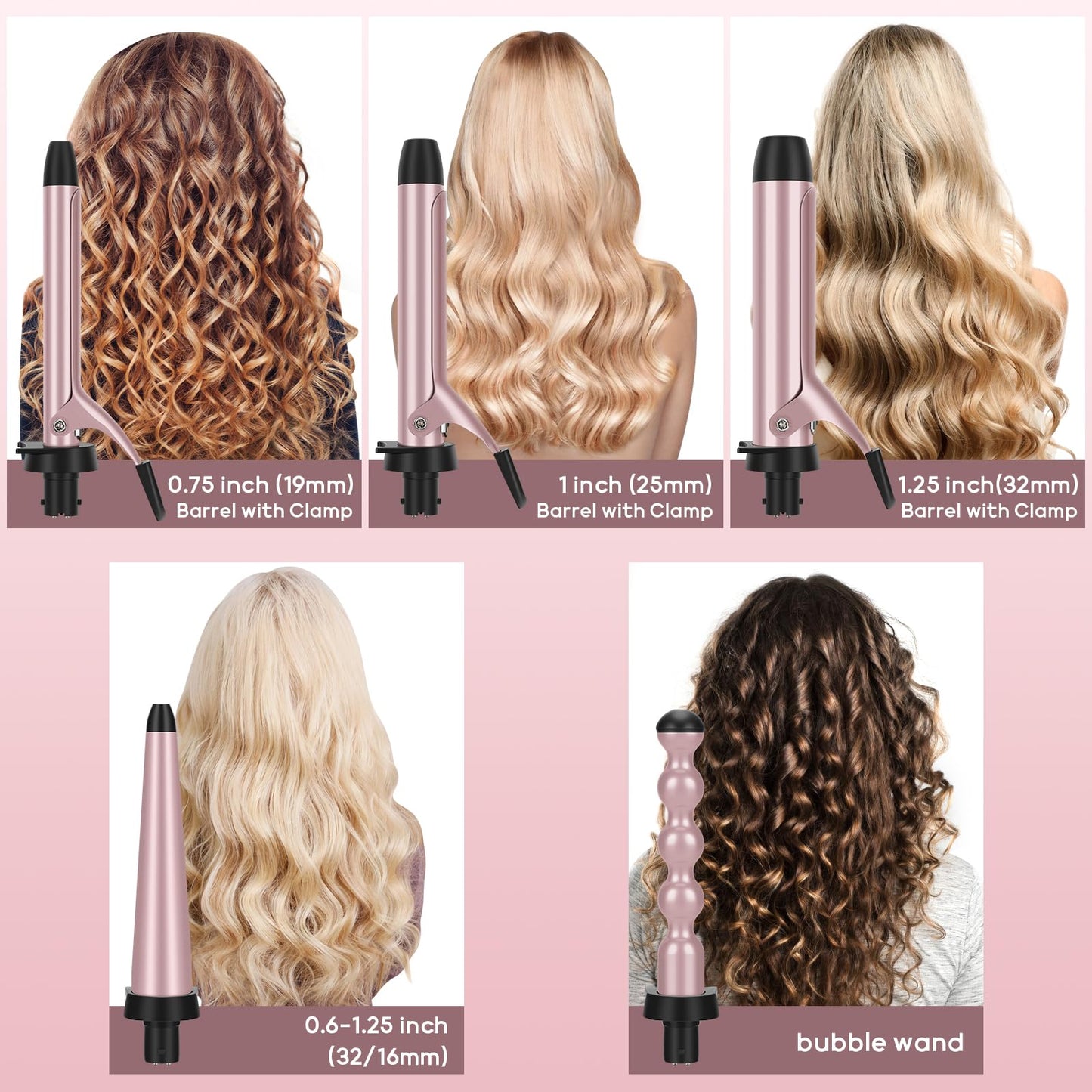 Prizm Pro Clamp Curling Iron Set,5 Interchangeable Barrel Curling Wand,Hair Wand 11 LCD Adjustable Temp,0.6 to 1.25 Inch,Bubble Wand,Tapered Curling Iron Travel Dual Voltage Rose Pink
