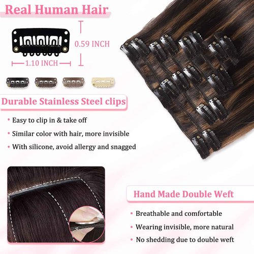 Clip in Hair Extensions Real Human Hair, Seamless Balayage Human hair Clip ins Extensions for Women Invisible Straight 8Pcs Double Weft Dark Brown Highlight Chestnut Brown 20inch 105g