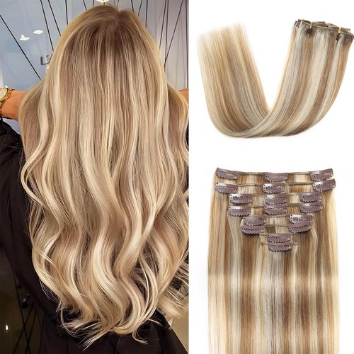 Clip in Hair Extensions Real Human Hair Clip in Extensions for Women Seamless Balayage Light Blonde to Golden Blonde Straight Remy 100% Human Clips ins Extension 8pcs Double Weft 20 inch 3.7oz/105g