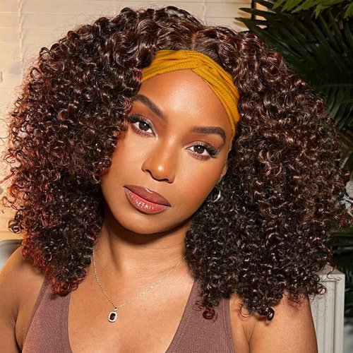 Short Curly Headband Wigs Human Hair Wig for Black Women, Color #4 Glueless Kinky Curly Wigs 100% Unprocessed Hair Chocolate Brown None Lace Front Wigs Dark Brown 150% Density (14 Inch, #4)