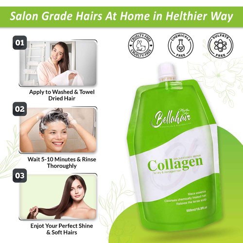 Bellahair Hydrating Collagen Hair Mask for Dry Damaged Hair and Growth - Hydrolyzed Keratin, Protein, SheaButter, Argon Oil & Botanical Extracts - Deep Repairs, Smooths & Strengthens All Hair-17Oz