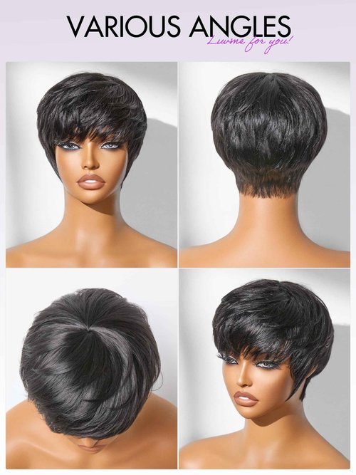 LUVME HAIR Ultra Comfort Throw On & Go Short Pixie Cut with Bangs 5 Inches Skin Friendly Cotton Cap 100% Real Human Hair Glueless Wig Glueless Wig Hair Loss Friendly Full Machine Made 22.5 Wig Cap