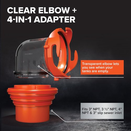 Camco RhinoFLEX 20-Ft RV Sewer Hose Kit - Features Clear Elbow Fitting w/Removable 4-in-1 Adapter - Connects to 3” Slip or 3”/3.5”/4” NPT Threaded Sewer Connection (39742)