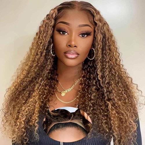 Ombre Highlight Glueless Wigs Human Hair Pre Plucked Pre Cut Curly Closure Wear and Go Glueless Wigs Human Hair Middle Part Balayage Water Wave Lace Frontal Human Hair Wigs for Black Women 4/27 18Inch