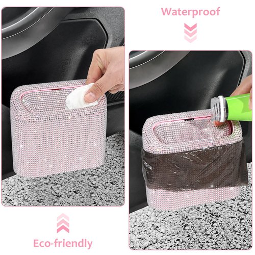 Accmor Bling Car Trash Can with Lid, Leakproof Mini Vehicle Trash Bin Automotive Dustbin Organizer Storage, Sparkling Crystal Rhinestone Trash Bag Container with 30pcs Garbage Bags Car Accessories