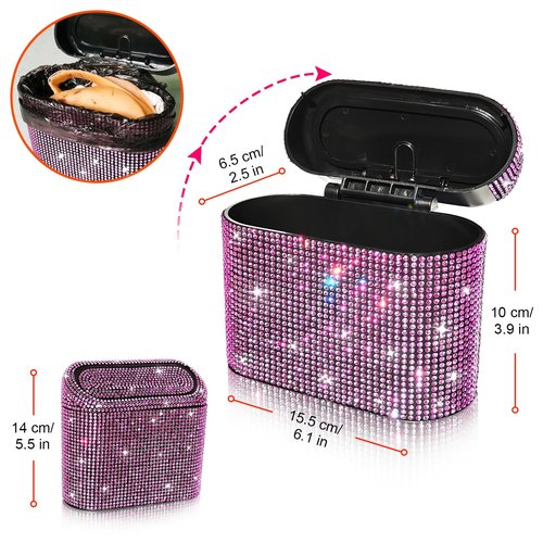 Accmor Bling Car Trash Can with Lid, Vehicle Trash Bin Car Dustbin Garbage Organizer Storage, Sparkling Crystal Mini Auto Trash Bags Holder Container with 30pcs Garbage Bags for Cars, SUV, Truck