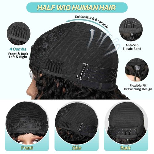 UMEGIRL Half Wig Human Hair Burmese Curly Wig for Women 250 Density 3 In 1 Seamless Flip Over Half Wigs Beginner Friendly Glueless Wigs Human Hair with Spiral End Natural Color 16 Inch