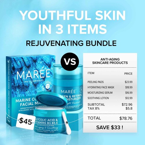 MAREE Bundle - Glycolic Acid Peel Pads, Sheet Moisturizing Masks & Face Moisturizer Cream - Salicylic Acid, Marine Collagen & Hyaluronic Acid, Retinol - Cleaning Effect, Hydrating & Anti Aging Cream