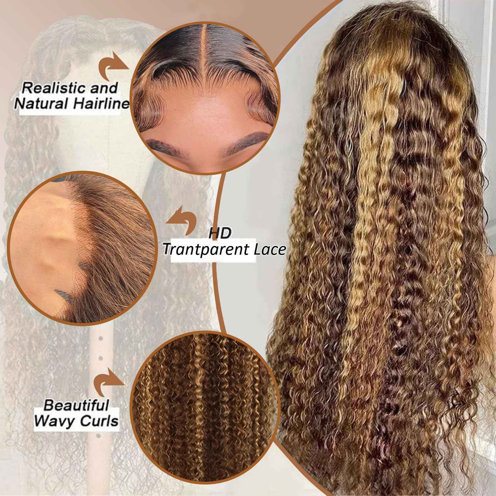 26 Inch Highlight Ombre Deep Wave Lace Front Wigs Human Hair Wig 13x6 Honey Blonde Wig Human Hair HD Glueless Deep Wave Wig 4/27 Colored Wet and Wavy Curly Wig Pre Plucked for Women