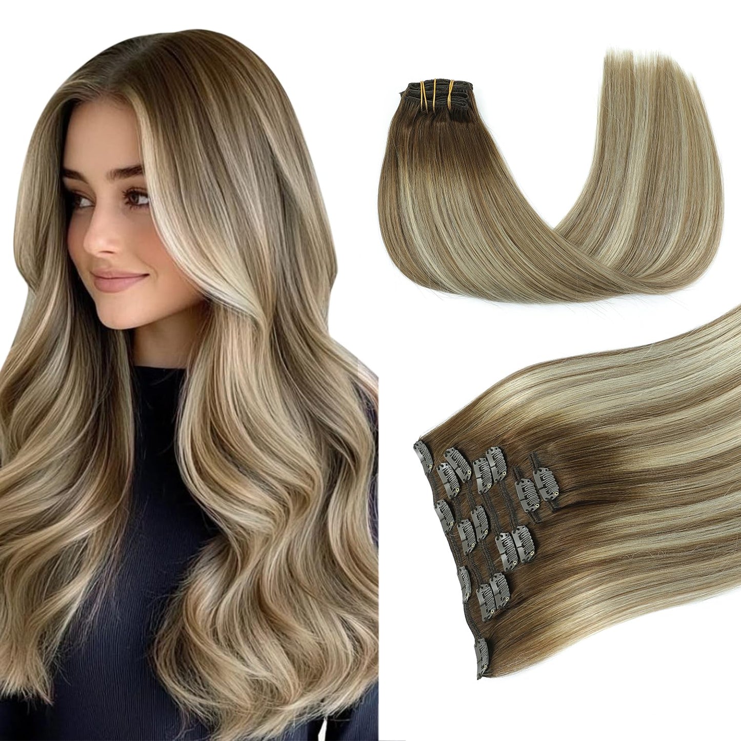 PINKPEARL Clip in Human Hair Extensions #3/8/22 Balayage Walnut Brown to Ash Brown and Golden Blonde Clip in Hair Extensions Real Human Hair 7pcs 120g 16inch Human Hair Extensios Clip ins(#3/8/22-16)