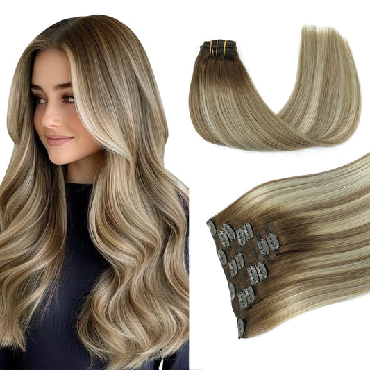 PINKPEARL Clip in Human Hair Extensions #3/8/22 Balayage Walnut Brown to Ash Brown and Golden Blonde Clip in Hair Extensions Real Human Hair 7pcs 120g 16inch Human Hair Extensios Clip ins(#3/8/22-16)