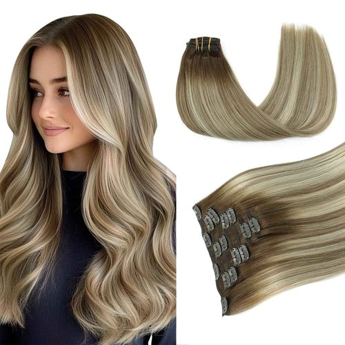 PINKPEARL Clip in Human Hair Extensions #3/8/22 Balayage Walnut Brown to Ash Brown and Golden Blonde Clip in Hair Extensions Real Human Hair 7pcs 120g 14inch Human Hair Extensios Clip ins(#3/8/22-14)