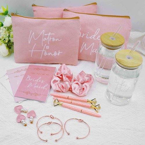 KIKINIKO 56 pcs Bridesmaid Gift Set, Pink: 16oz Glass Cups, Makeup Bags, Invitation Cards, Scrunchies, Hair Bracelets, Diamond Pens, Love Clips - Perfect for Bridesmaids or Special Occasions
