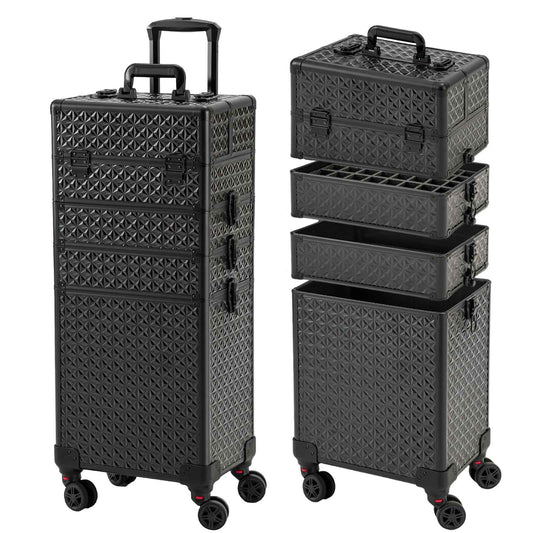 Leeora&Leekoo Portable Multi-Storey Nail Case for Nail Tech Organizer - Wheels Makeup Case Organizer, Cosmetic Case, Makeup Train Case, Make Up Case (Black)