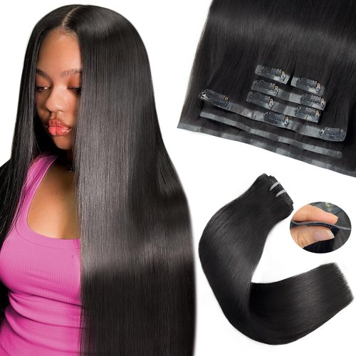 FBLhair 16 inch Seamless Clip in Hair Extensions Real Human Hair 110g 7pcs Invisible Soft PU Clip in Hair Extensions for Black Women Virgin Human Hair Extensions Clip ins 1B Natural Black Straight