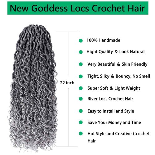 Faux Locs 22 Inch Goddess Locs Ombre Grey Gray Crochet Hair for Women, 6 Packs Pre Looped Crochet Braids with Curly Ends, Boho Hippie Synthetic Hair Extensions, 1b/grey
