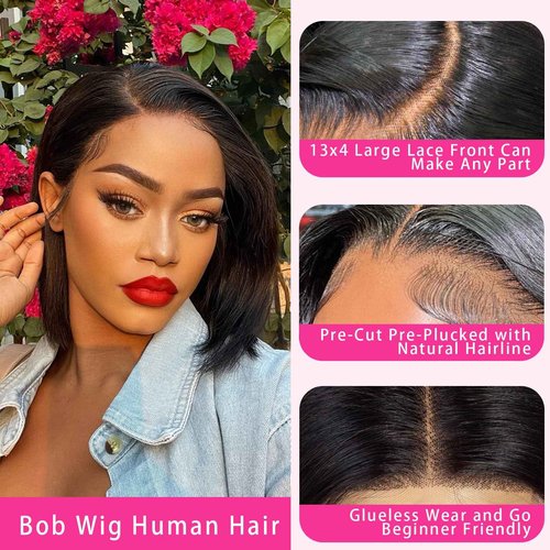 TruhLius Wear and Go Glueless Bob Wig Human Hair 16 Inch Natural Black 13x4 Lace Front Wigs Human Hair Pre Plucked Pre Cut 200 Density Short Straight Bob Wigs for Black Women