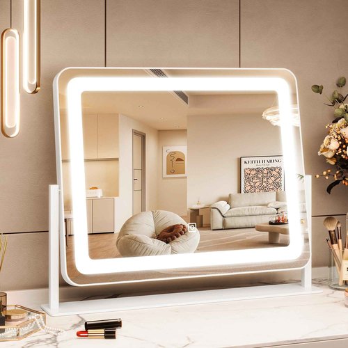 Vanity Mirror with Lights, 19.6"x15.7" LED Makeup Mirror with Lights, Large Lighted Makeup Mirror, Touch Screen, 3-Color Dimmable Desk Mirror for Bedroom, Vanity Desk, Tabletop, Dressing Room, White