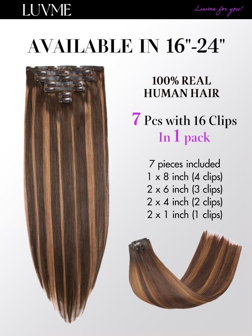LUVME Straight Seamless 14inch 110g 7Pcs Clip in Hair Extensions Full Max Remy Human Hair Extensions, Highlight Color 100% Real Soft