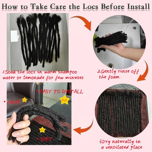 0.6cm 14 Inch Human Hair Locs Extensions 30 Strands Dreadlocs Extensions Real Human Hair Natural Black for Women Men Kids Full Handmade Permanent Human Hair Locs Can Be Dyed and Bleached