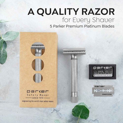 Parker THE VARIANT CLOSED COMB - ADJUSTABLE Double Edge Safety Razor, Customize your Shave with a Turn of the Dial from Mild to Aggressive - 5 Blades Included (SATIN CHROME)