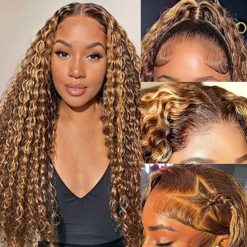 ALSZIQIHR Highlight Ombre 13x4 Lace Front Wig Human Hair Pre Plucked HD Transparent 4/27 Honey Blonde lace frontal Wigs with Baby Hair 180% Density Colored Water Wave Lace Front wig for Women 20 inch