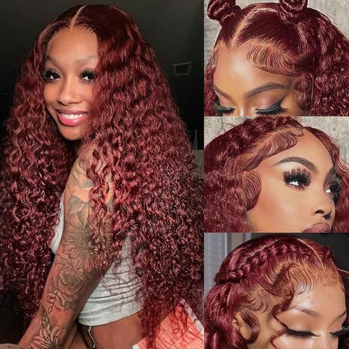 Cfaimity Reddish Brown Lace Front Wigs Human Hair 13x6 Reddish Curly Lace Front Wig 180 Density Deep Wave HD Lace Frontal Wigs Pre Plucked for Women burgundy 33# Colored Human Hair wig 18inch