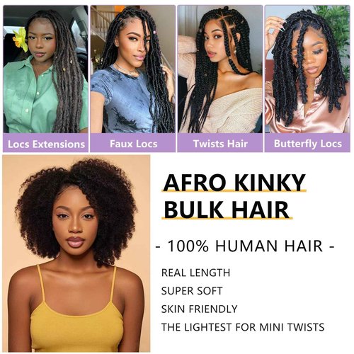 2 Bundles Afro Kinky-Curly Human Hair Bulk 20 Inch Afro Kinkys Bulk Human Hair Black for Twist Dreadlocks Extensions Repair Locs