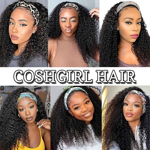 Coshgirl Kinky Curly Headband Wig Human Hair Curly Headband Wig Human Hair Machine Made Glueless None Lace Front Wig Brazilian Virgin Human Hair for Black Women Natural Color 24Inch