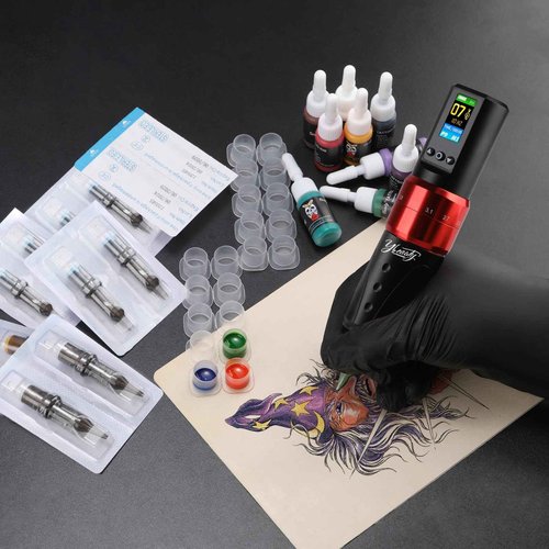 Complete Tattoo Gun Machine Kit, Cordless Rotary Tattoo Pen Kits with 2Pcs 1,600 mAh Battery, 20Pcs Tattoo Cartridge Needles, Professional 7 Strokes Length Tattoo Gun for Artists (Red, 102Pcs)