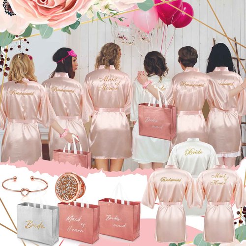 Toulite 48 Pcs Bridesmaid Robe Sets Silk Satin Bride Party Robes with Bachelorette Gift Handbags Knot Bracelets Hair Ties Rhinestone Mirrors and Socks for Bridesmaid Wedding Bachelorette Party