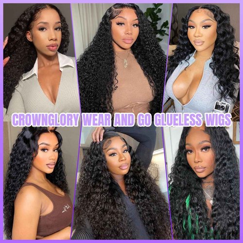 CrownGlory Deep Wave Lace Front Closure Wigs Wear and Go Glueless Wig Human Hair Pre Plucked Pre Cut 13X4 HD Lace Ready to Wear Human Hair wigs No Glue 180 Density Natural Wigs For women (18 Inch)