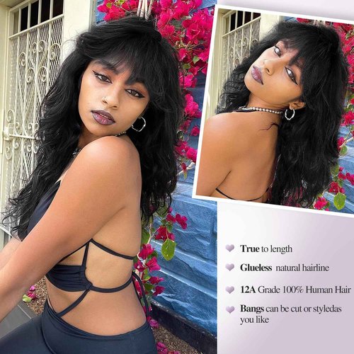 Lady Hanne Human Hair Wigs Natural Wave Human Hair Wig with Bangs for Black Women 16 inches None Lace Front Wear and Go Glueless Human Hair Wig
