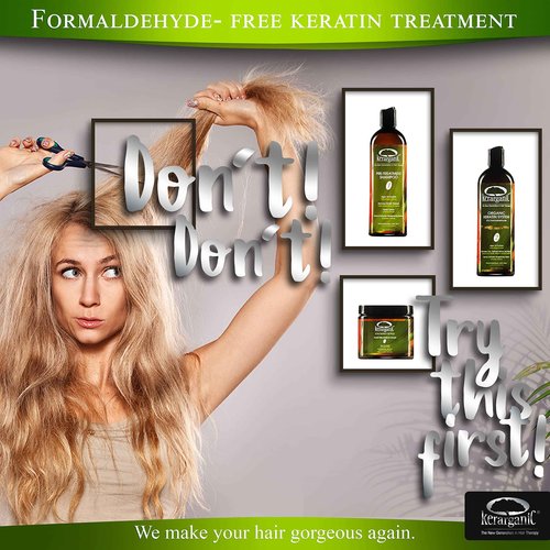 KERARGANIC Formaldehyde-Free Keratin System DIY Set: Pre-Treatment Shampoo, Hair Treatment, Post-Treatment Mask with Argan Oil - (4oz each)