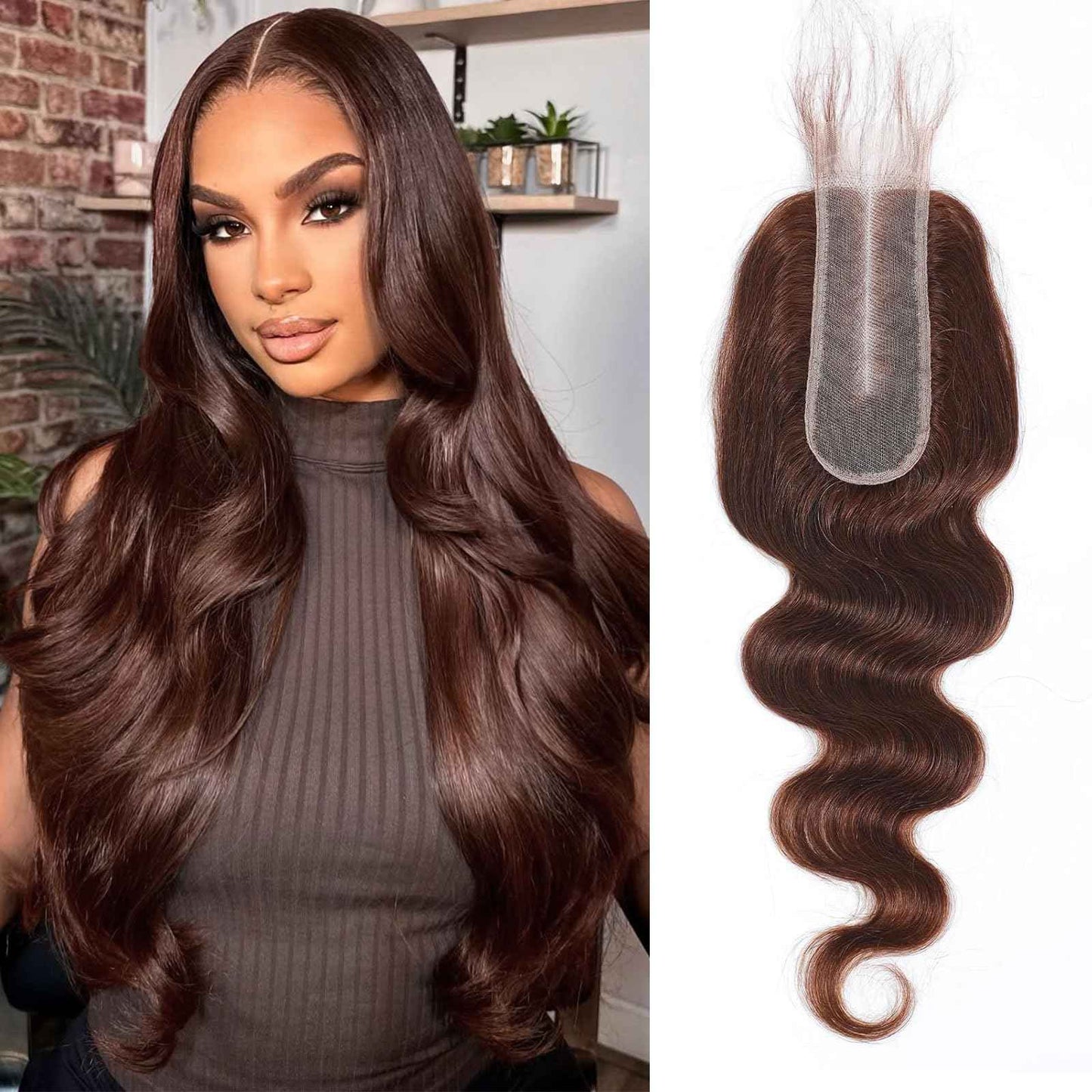 2x6 HD Lace Closure 4# Brown Body Wave Transparent 2 by 6 HD Lace Closure 18 Inch 100% Brazilian Virgin Unprocessed Middle Part Human Hair Closure
