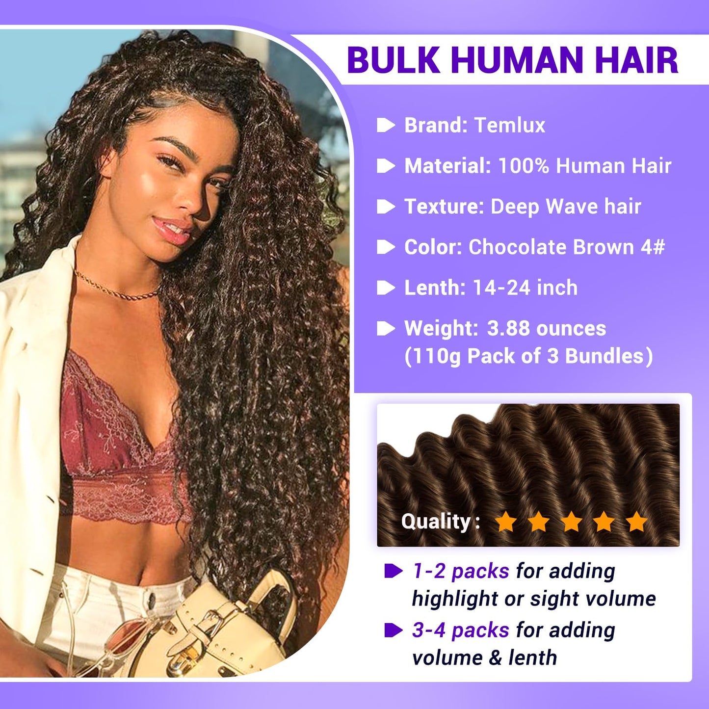 Human Braiding Hair for Boho Braids 110g 24 Inch Deep Wave Boho Bulk Human Hair for Braiding Knotless 12A Wet and Wavy Bohemian 3 No Weft Bundles/Pack Curly Braids Brown