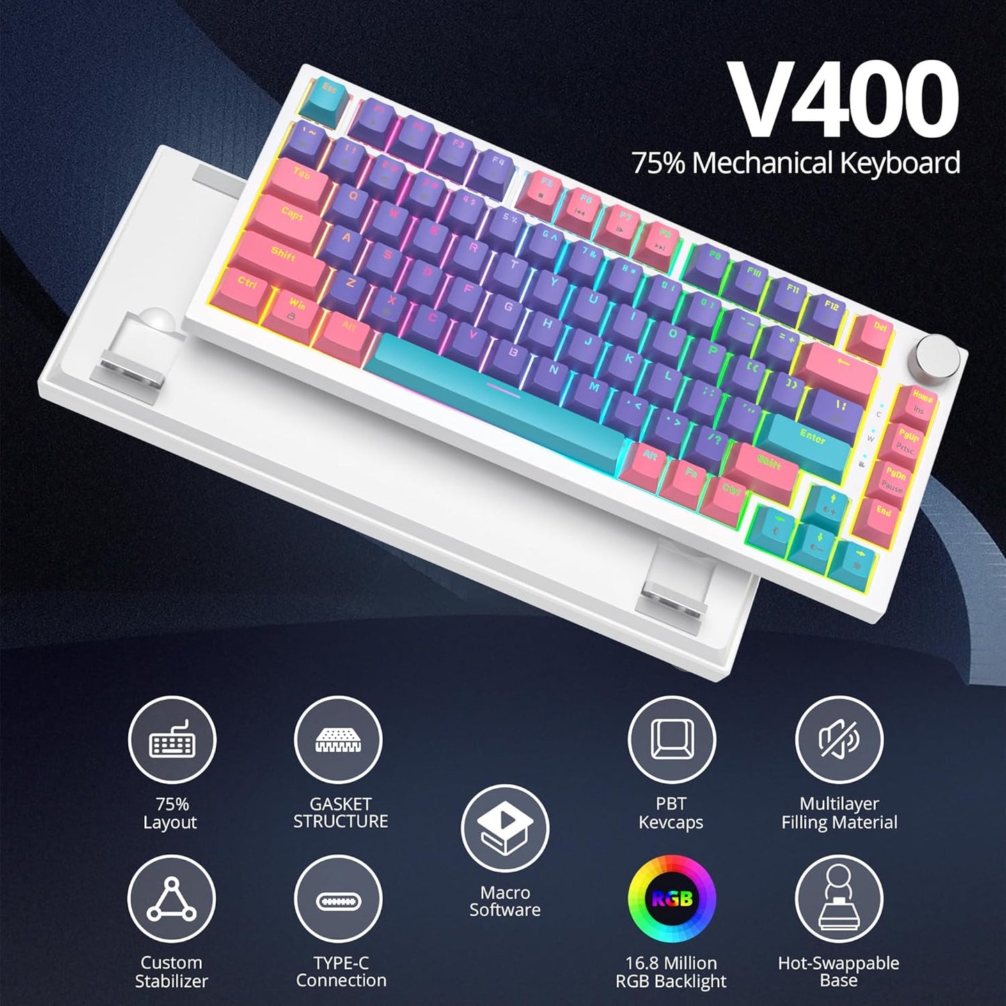 75% TKL Wired Mechanical Keyboard,RGB Backlit Gasket Mount 82 Key Hot Swappable Custom Linear Red Switch Gaming Keyboard with Volume Knob & PBT Keycaps (82 Shoko)