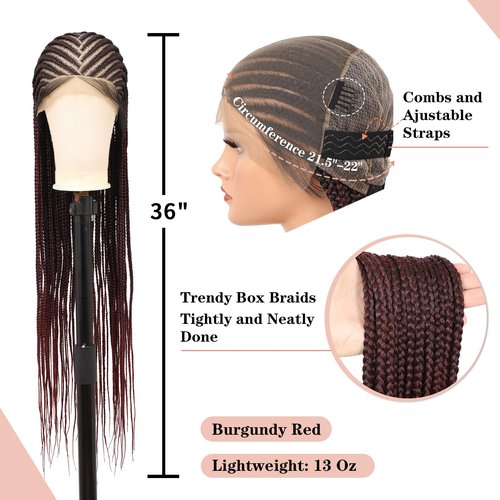 Lexqui 36 Inch Cornrow Braided Wigs 13X8 HD Lace Front Braid Wig for Women Braided Lace Front Wigs Middle Parted Box Braid Wig Synthetic Hair Full Lace Burgundy Red