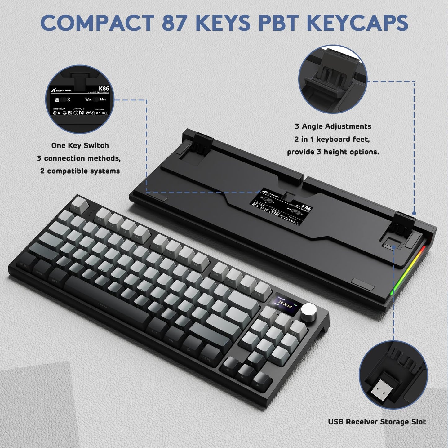 RK86 RGB 75% Wireless Gasket Mechanical Keyboard,Triple Mode Bluetooth5.0/2.4G/USB-C 82 Keys Hot Swappable Gaming Keyboard 4000 mAH Battery w/Knob & 1.2'' HD OLED Display,Custom Linear Switches