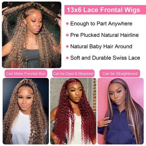 ZZMDS 28 Inch 13x6 Highlight Ombre Deep Wave Lace Front Wigs Human Hair Pre Plucked #4/27 Colored Glueless Wigs Water Wave Honey Blonde Curly Lace Frontal Wigs Human Hair for Women