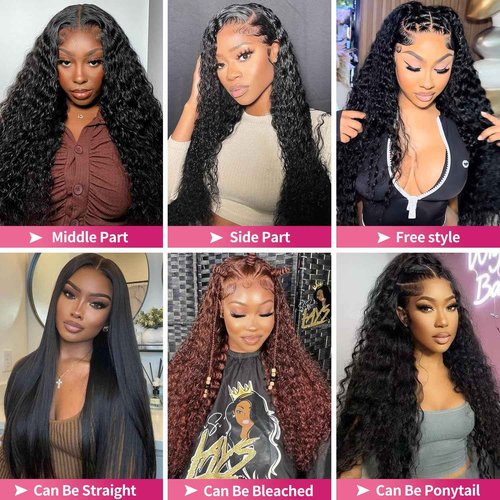 Jumida 24 Inch 13x6 Lace Front Wigs Human Hair Water Wave 200 Density 13x6 HD Full Lace Frontal Wigs Pre Plucked Wet and Wavy Glueless Deep Curly Human Hair Wigs for Women Natural Black