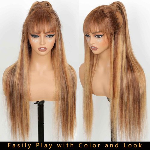 Ruiyu Ombre Highlight Human Hair Wigs with Bangs 2x4 HD Lace Front Brown Glueless Wig with Highlights Honey Blonde 4/27 Colored Straight Closure Wear and Go Brazilian Human Hair for Women 16 Inch
