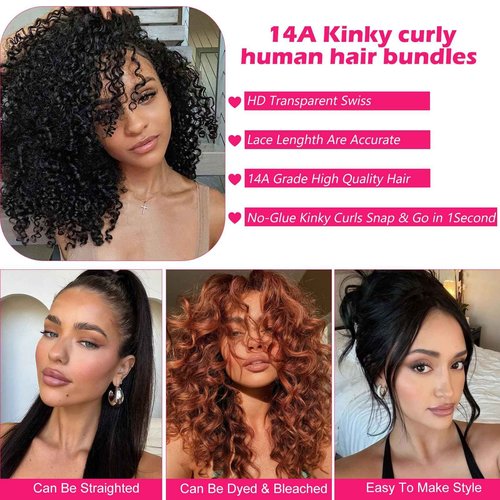 ManeMajesty 12A Brazilian Virgin Kinky Curly Human Hair Bundles 3 Pcs 14 Inch Bundle with 4x4 Lace Closure 100% Unprocessed Brazilian Vrigin Human Hair Curly Extensions for Black Women Natural Color