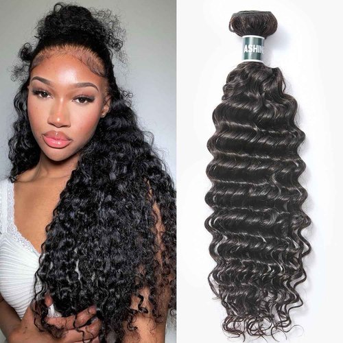 ASHINE Human Hair Bundle Deep Wave Unprocessed Cambodian Raw Hair 26 Inch, Flip Over Quick Weave Wet and Wave Bundles for Women Natural Black