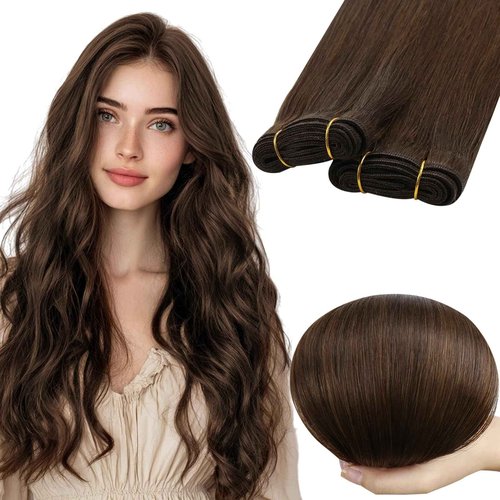 RUNATURE Brown Hand Tied Weft Hair Extensions Human Hair 20 Inch 100g Remy Hair Weft Extensions Brazilian Full Head Long Sew in Hair Extensions Real Human Hair Wefts Extensions Straight Hairpiece