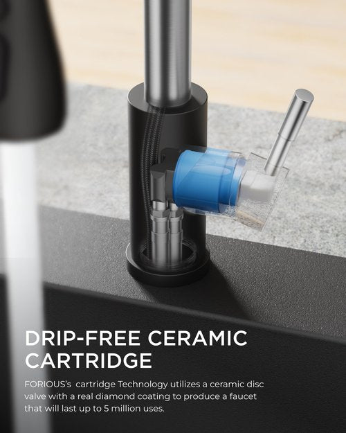 FORIOUS Kitchen Faucets with Pull Down Sprayer, High Arc Single Handle Classic Stainless Steel Sink Faucet 1 or 3 Hole, Suitable for Farmhouse Camper Laundry Rv Bar, Black Brushed